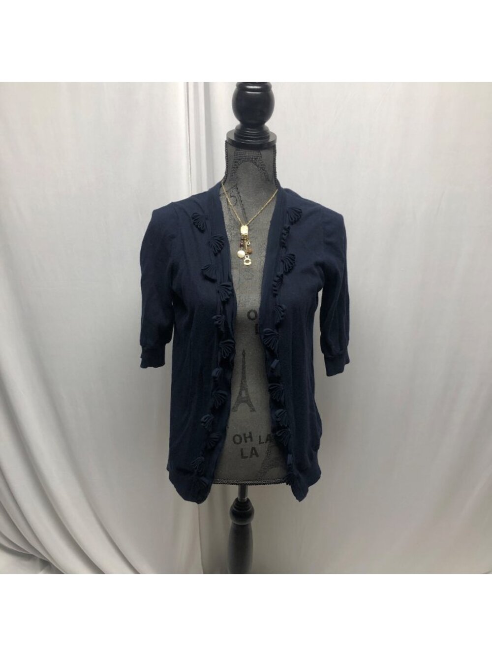 Ann Taylor Loft Cardigan Womens Size Medium Navy Blue Open Front 3-D Floral Trim